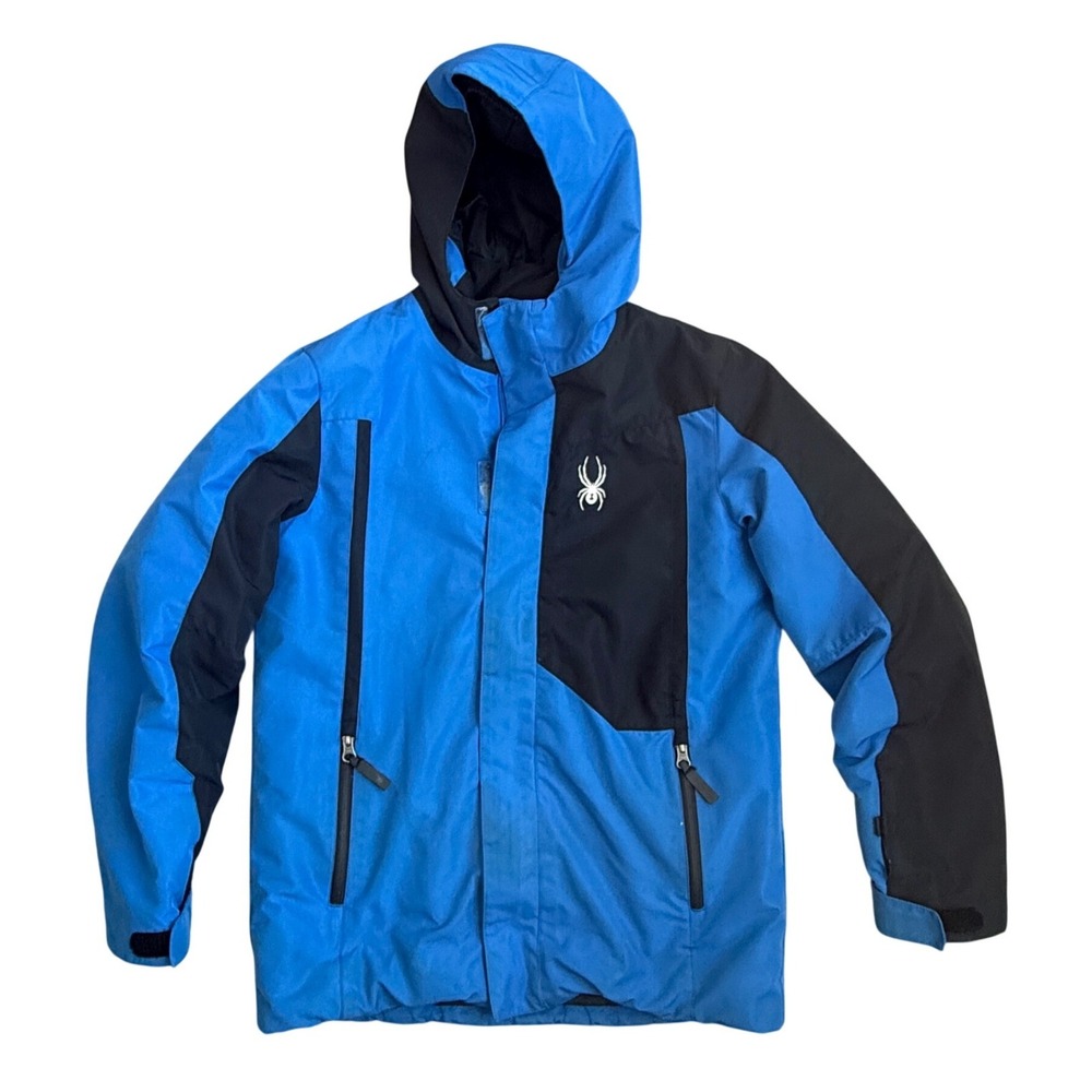 Spyder Boys Blue Black Insulated Ski Jacket Hooded Winter Coat Size‎ L 14-16